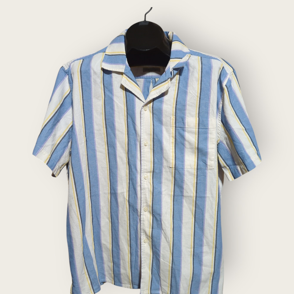 GOODFELLOW X-Large White Blue Striped Men's Short Sleeve Casual Button Up Shirt